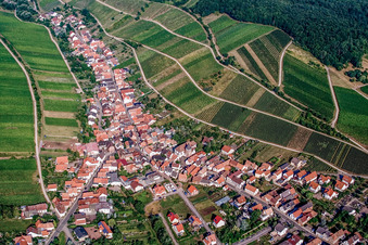 Vue aérienne de Ville viticole en bordure du Haardt à l'est à Ranschbach dans le département Rhénanie-Palatinat, Allemagne