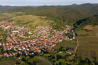 Vue aérienne de Vue du village viticole depuis l'est à le quartier Rechtenbach in Schweigen-Rechtenbach dans le département Rhénanie-Palatinat, Allemagne
