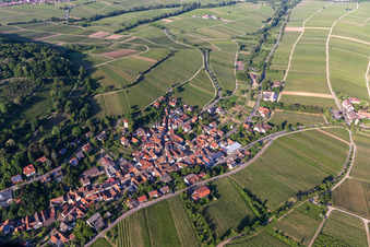 Vue aérienne de Vue du village viticole depuis le sud à Leinsweiler dans le département Rhénanie-Palatinat, Allemagne