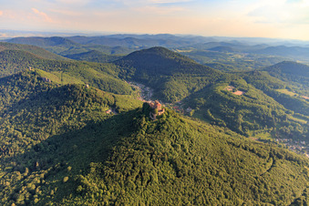 Vue aérienne de Les 3 châteaux Trifels, Anebos et Münz à Annweiler am Trifels dans le département Rhénanie-Palatinat, Allemagne