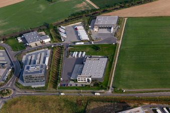 Vue aérienne de Zone industrielle dans la vallée de Spire avec TRANSAC International Speditionsgesellschaft mb, Markthalle 5 et Resinnovation GmbH à Rülzheim dans le département Rhénanie-Palatinat, Allemagne