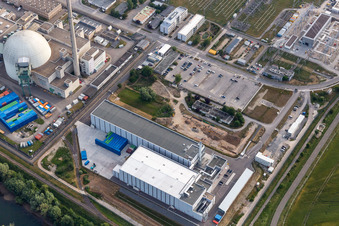 Photographie aérienne de Ancienne centrale nucléaire de Phillippsburg après la démolition des deux tours de refroidissement à Philippsburg dans le département Bade-Wurtemberg, Allemagne