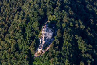 Vue aérienne de Ruines et vestiges des murs des ruines de Wegelnburg (Palatinat) à Schönau dans le département Rhénanie-Palatinat, Allemagne