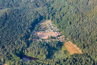 Vue aérienne de Camping nature « Am Berwartstein » au Seehofweiher à Erlenbach bei Dahn dans le département Rhénanie-Palatinat, Allemagne