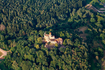 Vue aérienne de Ruines et vestiges des murs de l'ancien complexe du château et de la forteresse Burg Berwartstein à Erlenbach bei Dahn dans le département Rhénanie-Palatinat, Allemagne