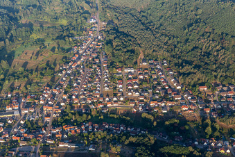 Vue aérienne de Centre du village composé de rues et de maisons et de zones résidentielles entourées de forêts et de bois à Fischbach bei Dahn dans le département Rhénanie-Palatinat, Allemagne