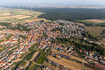 Vue aérienne de Vue du village en bordure des champs agricoles et des terres agricoles à Rheinzabern dans le département Rhénanie-Palatinat, Allemagne