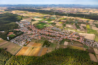 Vue aérienne de Vue du village en bordure des champs agricoles et des terres agricoles à Hatzenbühl dans le département Rhénanie-Palatinat, Allemagne