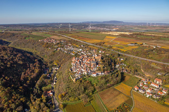Vue de la végétation aux couleurs automnales au bord des vignes et des caves de la région viticole à Neuleiningen dans le département Rhénanie-Palatinat, Allemagne d'en haut