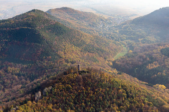 Vue aérienne de Ruines du château de Scharfenberg à Leinsweiler dans le département Rhénanie-Palatinat, Allemagne
