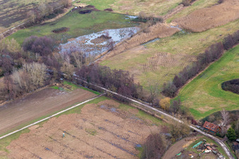 Vue aérienne de Billigheimer Bruch, biotope inondé au Flutgraben/Erlenbach à Barbelroth dans le département Rhénanie-Palatinat, Allemagne