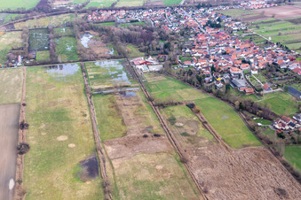 Vue aérienne de Fossé inondé/Erlenbach près du moulin à eau à le quartier Mühlhofen in Billigheim-Ingenheim dans le département Rhénanie-Palatinat, Allemagne