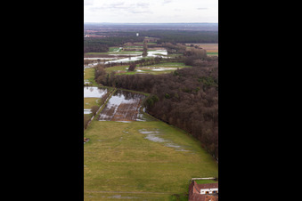 Vue aérienne de Prairies inondées du polder de Neupotz sur le lit du Rhin en crue à Neupotz à Erlenbach bei Kandel dans le département Rhénanie-Palatinat, Allemagne