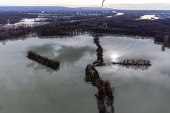 Vue oblique de Vieux Rhin inondé / Polder Neupotz à Wörth am Rhein dans le département Rhénanie-Palatinat, Allemagne