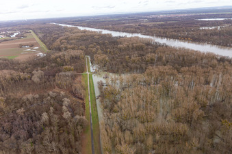 Vue aérienne de Prairies inondées du Rhin près du barrage du Rhin à Neupotz dans le département Rhénanie-Palatinat, Allemagne