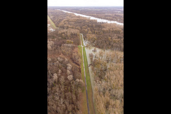 Vue aérienne de Prairies inondées du Rhin près du barrage du Rhin à Neupotz dans le département Rhénanie-Palatinat, Allemagne