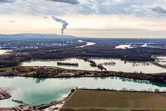 Vue aérienne de Vieux Rhin inondé / Polder Neupotz à Neupotz dans le département Rhénanie-Palatinat, Allemagne