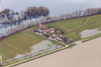 Vue aérienne de Ferme et dépendances de la ferme Hofgut Maxau Auberge de campagne / Magasin de la ferme pendant la crue du Rhin à Maxau à le quartier Knielingen in Karlsruhe dans le département Bade-Wurtemberg, Allemagne