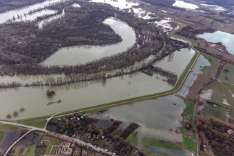 Vue aérienne de Paysage de plaine inondable et de prairie sur le Hagenbacher Altrhein devant l'île de Nauas avec un fond doré pendant la crue du Rhin en Maximiliansau à le quartier Maximiliansau in Wörth am Rhein dans le département Rhénanie-Palatinat, Allemagne