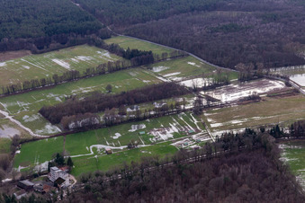 Vue aérienne de Plaine d'Otterbach pendant les inondations près de Hardtmühle à Minfeld dans le département Rhénanie-Palatinat, Allemagne