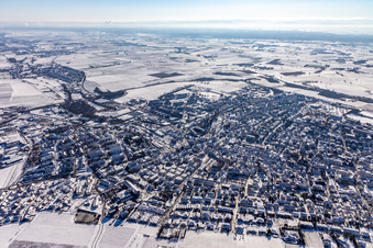Photographie aérienne de Vue de la ville enneigée en hiver avec les rues et les maisons des quartiers résidentiels à Bad Bergzabern dans le département Rhénanie-Palatinat, Allemagne