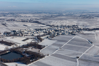 Vue aérienne de Vue aérienne d'hiver sous la neige à Göcklingen dans le département Rhénanie-Palatinat, Allemagne