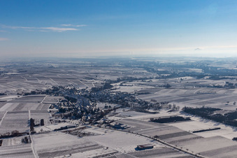 Vue aérienne de Vue aérienne d'hiver sous la neige à Göcklingen dans le département Rhénanie-Palatinat, Allemagne