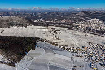 Vue aérienne de Vue aérienne hivernale sous la neige du vignoble de Kestenbusch à Birkweiler dans le département Rhénanie-Palatinat, Allemagne