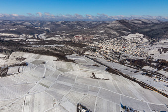 Vue aérienne de Vue aérienne d'hiver sous la neige à Albersweiler dans le département Rhénanie-Palatinat, Allemagne