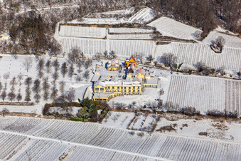 Vue aérienne de Le Wohlfühlhotel Alte Rebschule et le Gasthaus Sesel enneigés en hiver au printemps à Rhodt unter Rietburg dans le département Rhénanie-Palatinat, Allemagne
