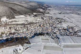Vue aérienne de Village enneigé en hiver - vue sur la lisière du Haardt de la forêt du Palatinat entre les vignes à le quartier SaintMartin in Sankt Martin dans le département Rhénanie-Palatinat, Allemagne