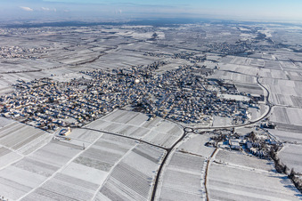 Vue aérienne de Vue aérienne d'hiver sous la neige à le quartier Alsterweiler in Maikammer dans le département Rhénanie-Palatinat, Allemagne