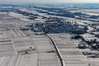 Vue aérienne de Vue aérienne d'hiver sous la neige à Venningen dans le département Rhénanie-Palatinat, Allemagne