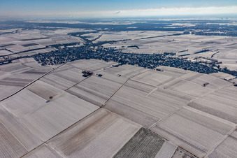 Vue aérienne de Vue aérienne d'hiver sous la neige à Insheim dans le département Rhénanie-Palatinat, Allemagne