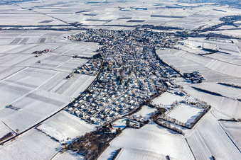 Vue aérienne de Vue aérienne d'hiver sous la neige à Insheim dans le département Rhénanie-Palatinat, Allemagne