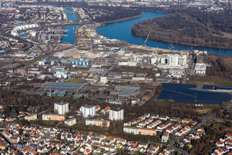 Vue aérienne de Zone industrielle et commerciale à le quartier Rheingönheim in Ludwigshafen am Rhein dans le département Rhénanie-Palatinat, Allemagne