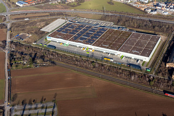 Vue aérienne de Complexe immobilier et terrain du centre logistique DD Logistik Vertriebs GmbH et DECATHLON Schwetzingen à Schwetzingen dans le département Bade-Wurtemberg, Allemagne