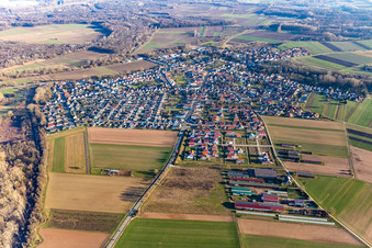 Vue aérienne de Vue du village en bordure des champs agricoles et des terres agricoles à Hördt dans le département Rhénanie-Palatinat, Allemagne