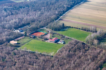 Vue aérienne de Terrain de tennis et de football, cabane barbecue Waldschlösschen à Steinweiler dans le département Rhénanie-Palatinat, Allemagne