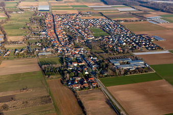 Vue aérienne de Vue du village en bordure des champs agricoles et des terres agricoles à Gommersheim dans le département Rhénanie-Palatinat, Allemagne