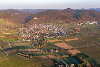 Vue aérienne de Klingbachtal en fleurs printanières au bord du Haardt dans la forêt du Palatinat à Klingenmünster dans le département Rhénanie-Palatinat, Allemagne