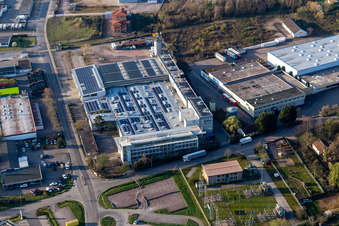 Vue aérienne de La plaine du Rhin entourée par la lisière de Haardt de la forêt du Palatinat à Edenkoben dans le département Rhénanie-Palatinat, Allemagne