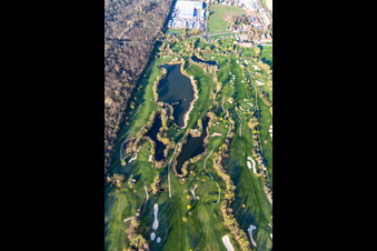 Arbres en fleurs au printemps sur le terrain de golf Landgut Dreihof - GOLF absolu à le quartier Dreihof in Essingen dans le département Rhénanie-Palatinat, Allemagne depuis l'avion