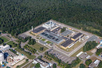 Vue aérienne de Bâtiment de recherche et complexe de bureaux de l'Institut européen des transuraniens (ITU) avec le Centre commun de recherche (CCR) sur le campus Nordin de l'Institut de technologie de Karlsruhe Eggenstein-Leopoldshafen à le quartier Leopoldshafen in Eggenstein-Leopoldshafen dans le département Bade-Wurtemberg, Allemagne