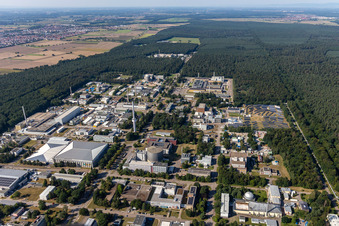 Campus University KIT - Campus Nord (ancien Centre de recherche nucléaire de Karlsruhe) en arrière-plan de Leopoldshafen à le quartier Leopoldshafen in Eggenstein-Leopoldshafen dans le département Bade-Wurtemberg, Allemagne d'en haut