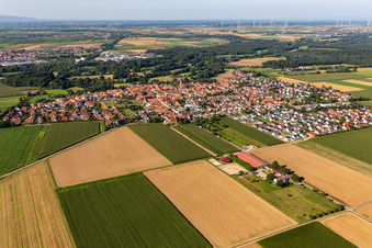 Vue aérienne de Vue du village en bordure des champs agricoles et des terres agricoles à Steinweiler dans le département Rhénanie-Palatinat, Allemagne