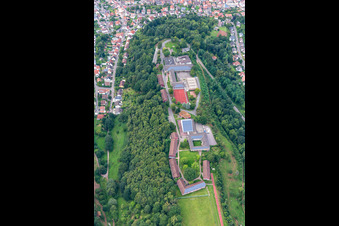 Vue aérienne de Bâtiment scolaire et terrain de sport du lycée protestant Trifels à Annweiler am Trifels dans le département Rhénanie-Palatinat, Allemagne