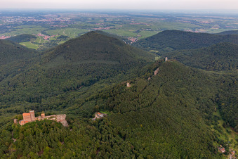 Photographie aérienne de Les 3 châteaux Trifels, Anebos et Münz à le quartier Bindersbach in Annweiler am Trifels dans le département Rhénanie-Palatinat, Allemagne