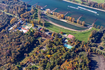 Vue aérienne de Zones riveraines de la piscine extérieure Rheinstrandbad Rappenwört sur le Rhin à le quartier Daxlanden in Karlsruhe dans le département Bade-Wurtemberg, Allemagne