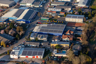 Vue aérienne de Service de transmission automatique Bussler Palatinat du Sud ; Service de moteurs et de transmissions KARMAN ; Troha Spedition Horst Tropf e. K à Hagenbach dans le département Rhénanie-Palatinat, Allemagne